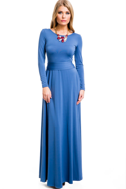 Фото товара 5765, длинное синее платье с поясом